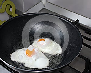 Cooking fried eggs in a pan