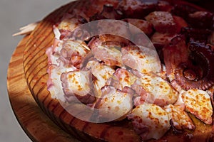 Cooking galician style octopus, pulpo a la gallega with salt, pepper and olive oil. Typical spanish tapas