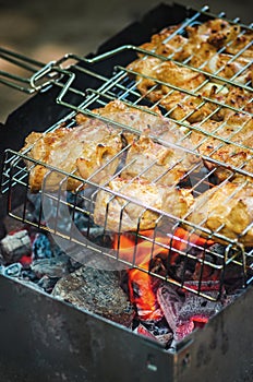 Cooking grilled chicken on hot coals