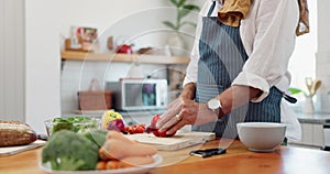 Cooking, hands and man with healthy food for meal prep, nutrition and cutting fresh ingredients for lunch. Diet