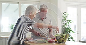 Cooking, healthy food and old people in kitchen with diet, nutrition or cutting fruit or vegetables for salad. Senior