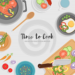 Cooking healthy food. Top view of the kitchen utensil, chopping board with knife, dishes, plates and different foods.