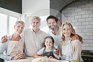 Cooking, help and portrait of big family in kitchen for happy, learning and food together. Support, smile and chef with