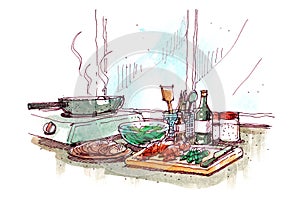Cooking at home watercolour painting illustration