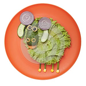 Cooking idea for children party. Vegetable ram on plate..