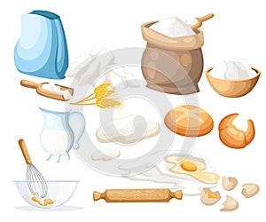 Cooking illustration. Kitchen utensils. Food sugar salt flour starch oil butter baking soda baking powde, vinegar eggs Web