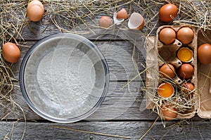 Cooking ingredients for baking, eggs and flour