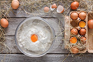 Cooking ingredients for baking, eggs and flour