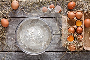 Cooking ingredients for baking, eggs and flour