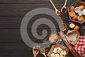 Cooking ingredients for pie background with copy space