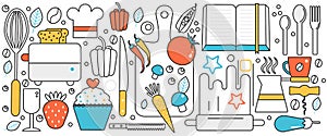 Cooking ingredients, recipe book and kitchen utensils banner, kitchenware border