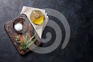 Cooking ingredients and utensils on stone table