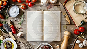 Cooking Ingredients and Utensils Surrounding a Blank Recipe Book. Generative ai