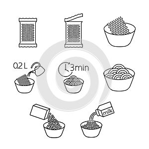 Cooking instant noodle set line on white background