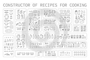 Cooking instruction icons of different food utensils and appliances for kitchen. Step guide constructor set line art photo