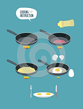 Cooking instruction. Manual cooking scrambled eggs. Fry omelett