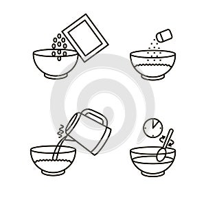 Cooking Instruction Oatmeal Black Thin Line Icon Set. Vector