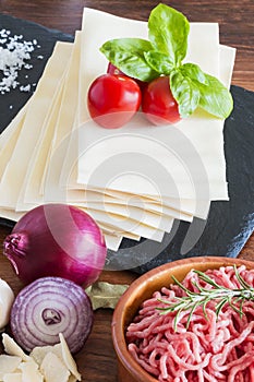 Cooking italian food pasta lasagne bolognese ingredients