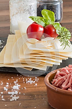 Cooking italian food pasta lasagne bolognese ingredients