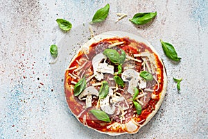 Cooking Italian pizza with tomato sauce, fresh tomatoes, cheese, mushrooms, salami slices and basil .