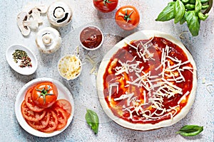 Cooking Italian pizza with tomato sauce, fresh tomatoes, cheese, mushrooms, salami slices and basil .