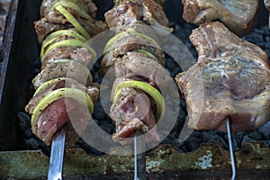 Cooking kebabs on a grill with smoke. Fresh brown BBQ meat cooked on an outdoor grill