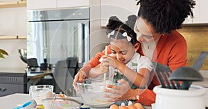 Cooking, kitchen and mother with child teaching, learning and working together for breakfast, cake or cookies in home