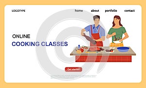 Cooking on kitchen. Online food preparation classes landing page. Culinary tutorial. Distance internet course. Man and