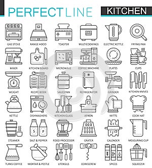 Cooking and kitchen outline concept symbols. Perfect thin line icons. Modern linear stroke style illustrations set.