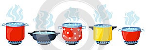 Cooking kitchen pots. Cartoon boiling saucepan, cooking soup boiling on gas stove. Boiling steamed water vector