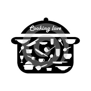 Cooking, kitchen sticker. Kitchen utensils icon or logo. Lettering Cooking love. Vector illustration