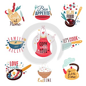 Cooking labels. Kitchen culinary design stickers with inscription text, dishes and cookware with letters, restaurant
