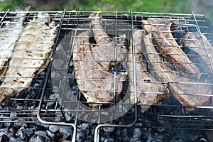 Cooking lamb loin on grill