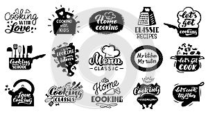 Cooking lettering badges. Kitchen gourmet recipes, hand drawn food lettering labels. Cooking foods concept elements