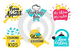 Cooking lettering labels. Kitchen utensils and accessories for culinary master class, restaurant or cafe stickers