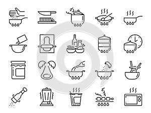 Cooking line icon set. Included icons as kitchen, Bake, Boil, BBQ, Fry, Stew and more.