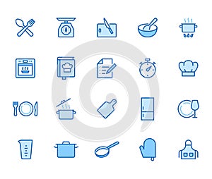 Cooking line icon set. Kitchen tools - pan, pot, dinner utensil, cookbook, chef hat minimal vector illustration. Simple