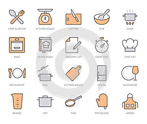 Cooking line icon set. Kitchen tools - pan, pot, dinner utensil, cookbook, chef hat minimal vector illustration. Simple