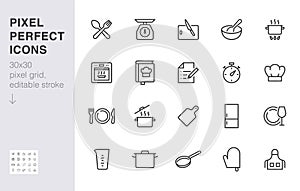 Cooking line icon set. Kitchen tools - pan, pot, dinner utensil, cookbook, chef hat minimal vector illustration. Simple