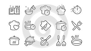 Cooking line icons. Boiling time, Frying pan and Kitchen utensils. Linear set. Vector