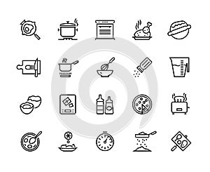 Cooking line icons. Pan pot kitchen utensils and cooking processes, boiling frying mixing and cutting. Vector food