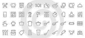 Cooking line icons set. Kitchen utensil - pan, oven, cookbook, saucepan, weight, chef hat, blender, glass crockery