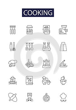 Cooking line vector icons and signs. Stewing, Boiling, Roasting, Sauteing, Grilling, Frying, Steaming, Stir-frying