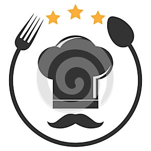 Cooking logo illustration.Cook hat and cutlery in a circle