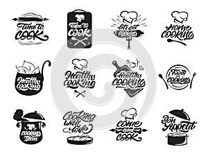 Cooking logos set. Healthy . Bon appetit. Cook, chef, kitchen utensils icon or logo. Handwritten lettering vector illustration