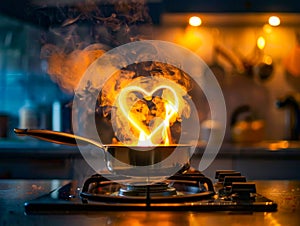 Cooking with Love: Flaming Heart on a Kitchen Stove. Generative ai