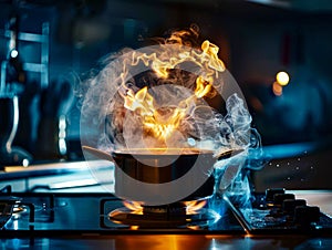 Cooking with Love: Flaming Heart on a Kitchen Stove. Generative ai