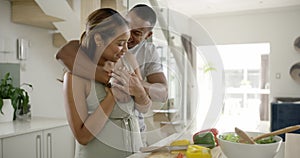 Cooking, love and happy with couple in kitchen for food, help and health together. Smile, wellness and surprise with man