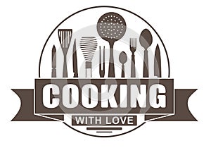 Cooking with love round vector design for your logo or emblem with banner and silhouettes of cooking utensils and kitchenware