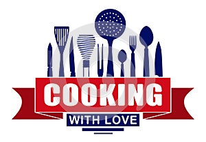 Cooking with love vector design for your logo or emblem with red banner and silhouettes of cooking utensils and kitchenware